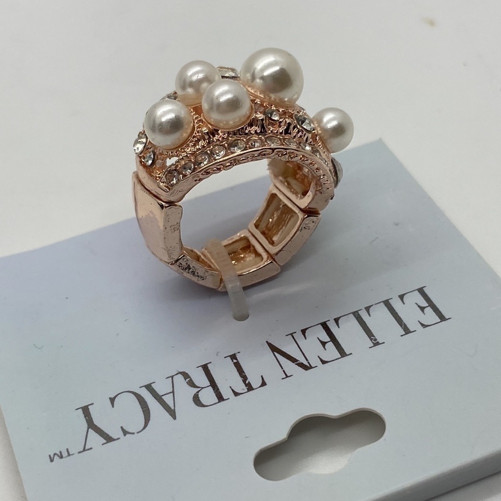 Ellen Tracy Faux Rose Gold Diamond Pearl Cocktail Ring One Size NWT - Picture 5 of 7